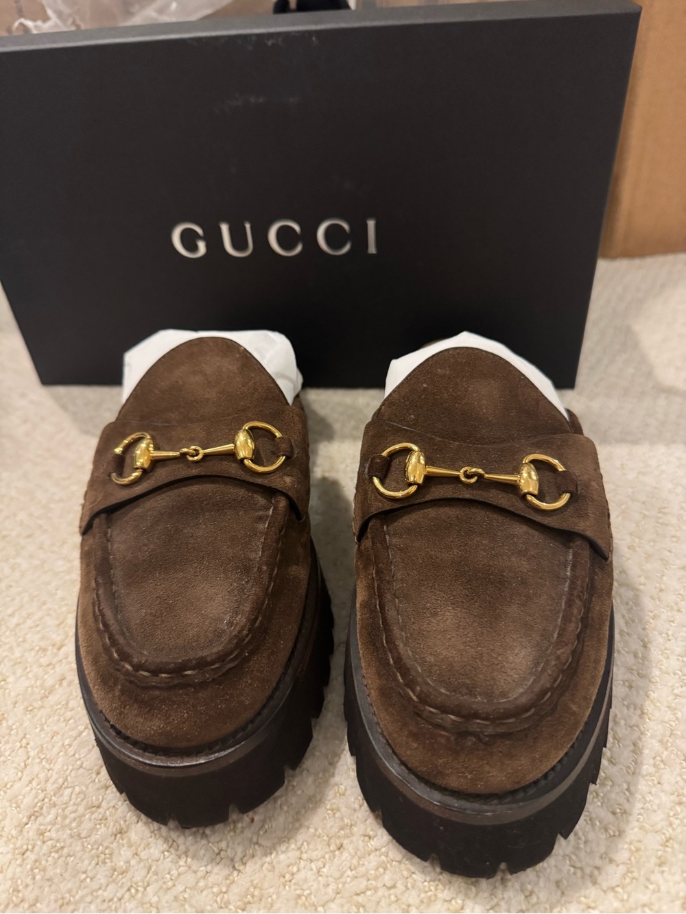 Gucci Brown Suede Women’s Horsebit Lug Sole Mules